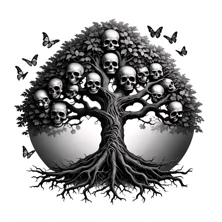 realistic tree of life with skulls onthe roots and butterflies surrounding the leaves tattoo design idea