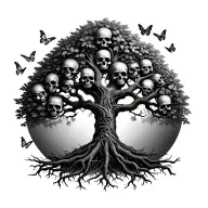 realistic tree of life with skulls onthe roots and butterflies surrounding the leaves tattoo design idea