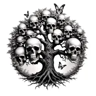 realistic tree of life with skulls onthe roots and butterflies surrounding the leaves tattoo design idea