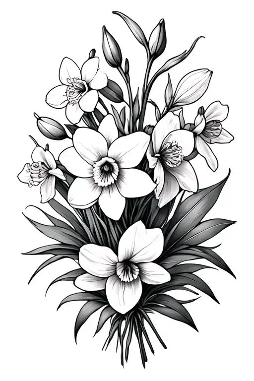 snowdrop, sweet pea, honeysuckle, and narcissus flower bouquet tattoo design idea