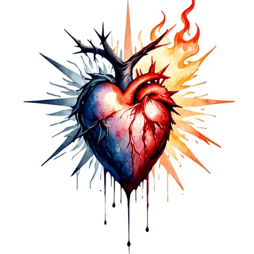A Sacred Heart of Jesus, ultra-detailed with thorns, flame, and dripping blood, surrounded by geometric fractals radiati tattoo design idea