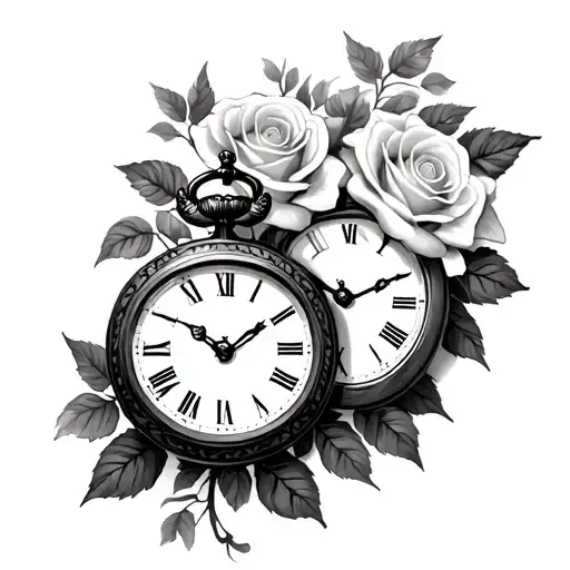 two birth clocks with roses tattoo design idea