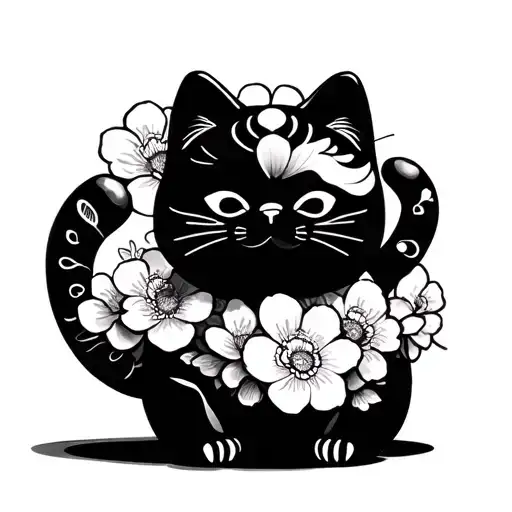 Cat in Japanese style, manekineko, Higanbana flowers tattoo design idea