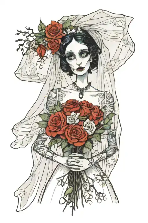 The Corpse bride from the tim burton film in her original wedding dress and veil holding her bouquet of flowers tattoo design idea