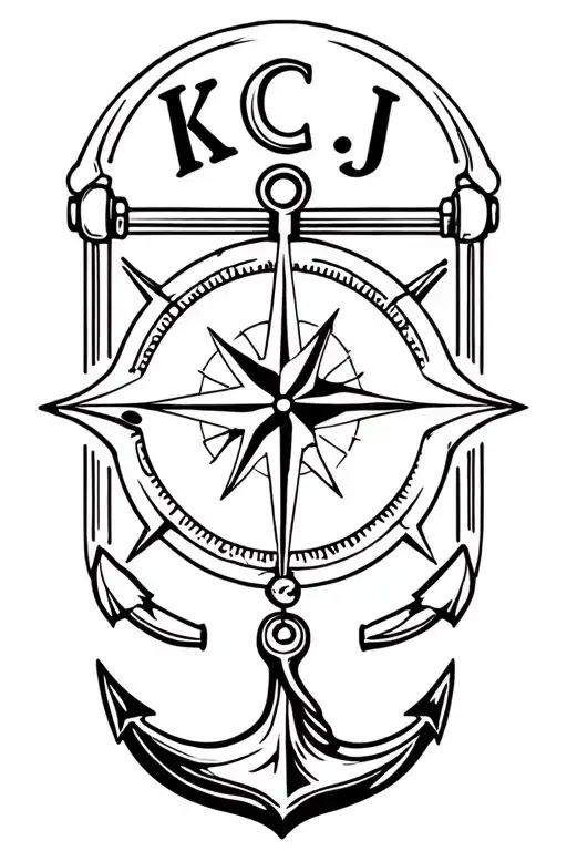 "KCJ" compass and anchor surrounded tattoo design idea