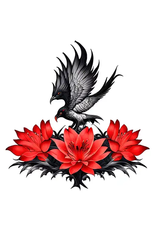 multiple fine line lotus and red Lilly flowers and phoenix intertwined  tattoo design idea