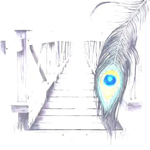 black and white wooden bridge with colorful peacock feather  tattoo design idea