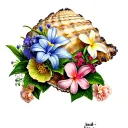 large conch shell with plumeria and carnations and cosmos growing inside tattoo design idea