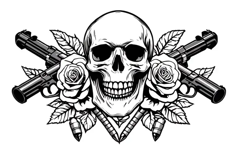 skull in the middle with roses and bullets on both sides & two pistols facing the outwards way behind skull tattoo design idea