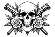 skull in the middle with roses and bullets on both sides & two pistols facing the outwards way behind skull tattoo design idea