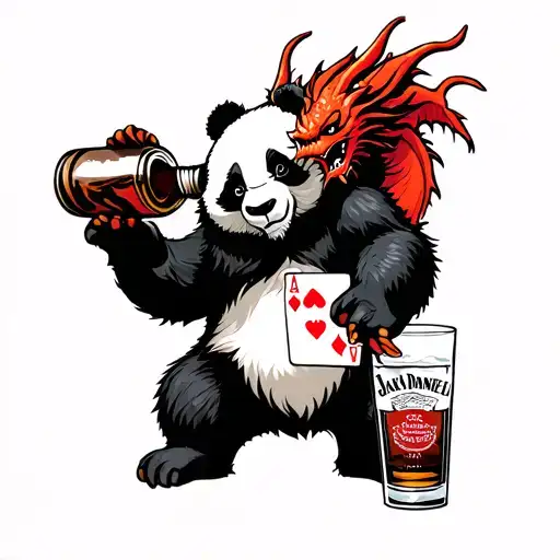 panda bear playing poker with a red dragon, the panda is pouring from a bottle of Jack Daniel's into a glass tattoo design idea