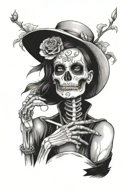 a skeleton of a woman in a half-turn, her finger is pressed to her lips in a gesture of "quiet", framed by nightshade tattoo design idea