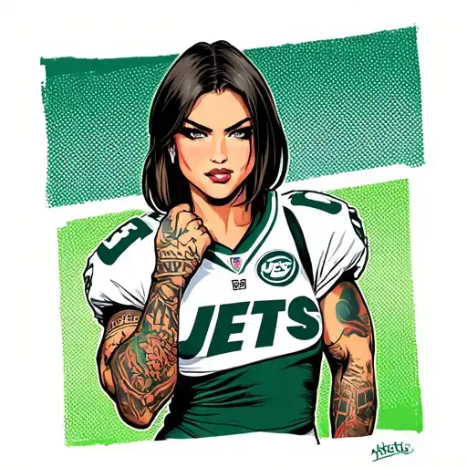 Tough chick in ripped Jets football jersey, arm tattoos, no helmet tattoo design idea