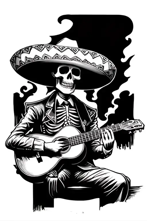 sad skeleton mariachi playing guitar tattoo design idea
