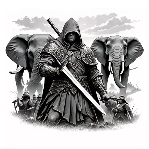 hooded warrior with sword in battle field with elephant in the background  tattoo design idea