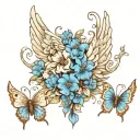 angel wings with blue flowers butterflies flying tattoo design idea