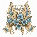 angel wings with blue flowers butterflies flying tattoo design idea