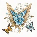 angel wings with blue flowers butterflies flying tattoo design idea