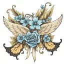angel wings with blue flowers butterflies flying tattoo design idea