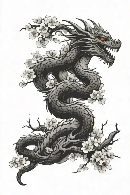 spine tattoo of dragon and cherry blossom tree tattoo design idea