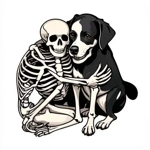 human skeleton hugging dog sitting together tattoo design idea