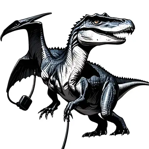 t-Rex and pterodactyl talking on phone cord tattoo design idea