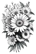 line art bouquet with daisy chrysanthemum lily of the valley aster carnation and marigold tattoo design idea