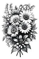 line art bouquet with daisy chrysanthemum lily of the valley aster carnation and marigold tattoo design idea