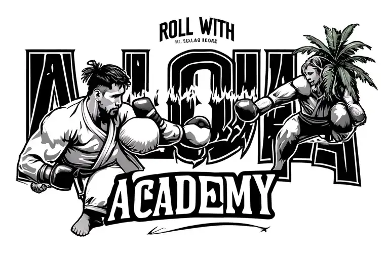 "ROLL WITH ALOHA ACADEMY " jiu jitsu fighter grappling and boxing hawaii inspired tattoo design idea