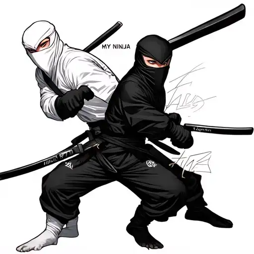 One male White ninja and one male black ninja posing with my ninja writing across it tattoo design idea