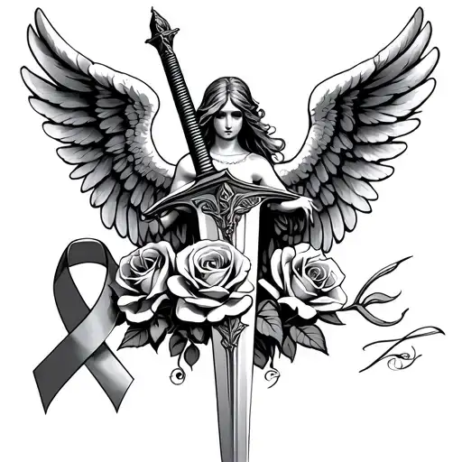 Angel wings with sword and roses with a cancer ribbon tattoo design idea