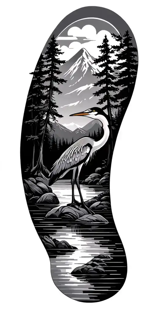 mountian,running water, cypress trees,great blue heron tattoo design idea