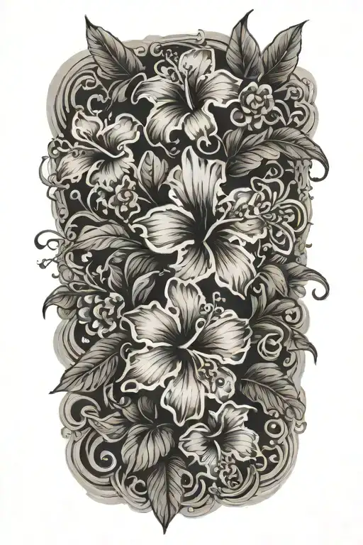 a half sleeve from wrist to elbow with hibiscus flowers and cherrry blossom petals all over. has a skin break of a cross tattoo design idea