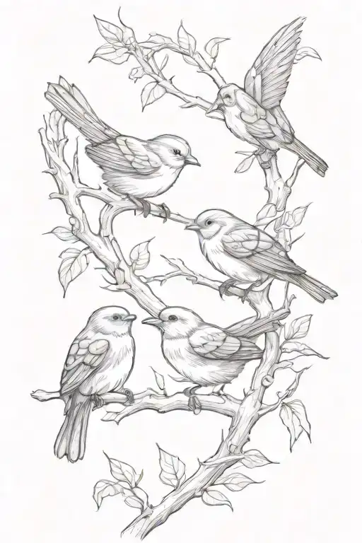 three little  birds on branch one flying back   tattoo design idea
