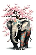 A medium size magestic elephant surround by cherry tree's  tattoo design idea
