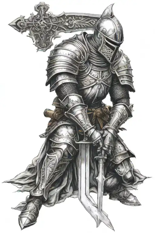 Knight of dark souls hold a great sword on knees praying tattoo design idea