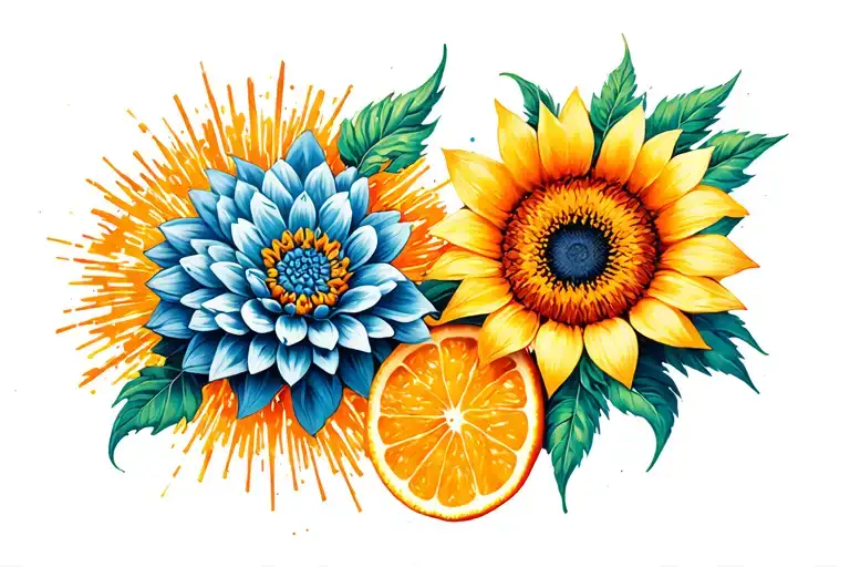 conca d'oro gladious & orange breeze dhalia & orange firecracker sunflower intertwined tattoo design idea