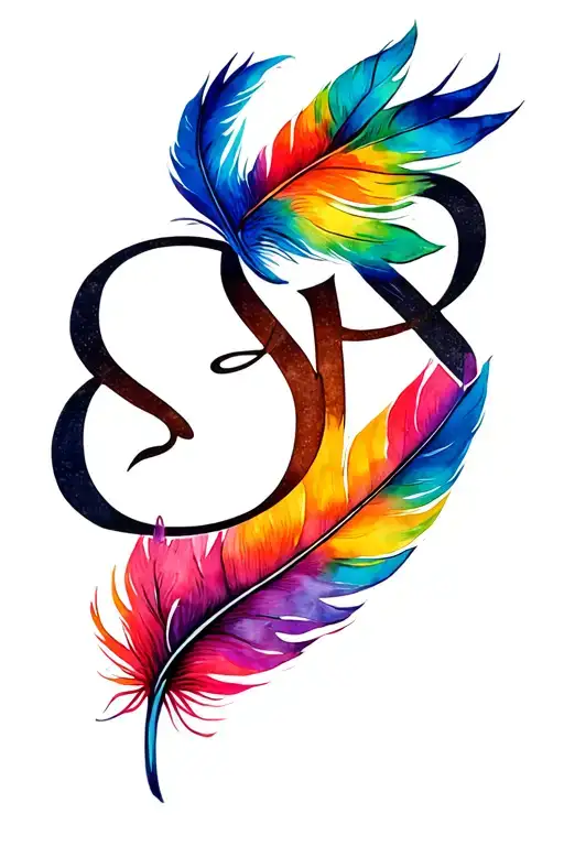 Make me a tattoo design with the letter Sp written in beautiful handwriting and colourful bird feather coming out of it  tattoo design idea