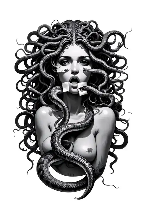 Medusa with her snakes, tape on her mouth open tattoo design idea