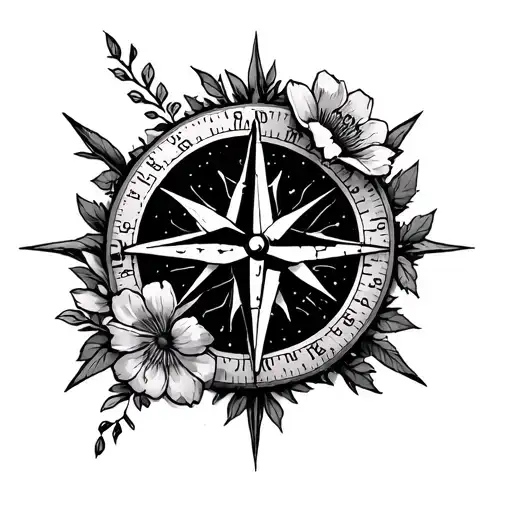 broken compass, with half skull and flowers tattoo design idea