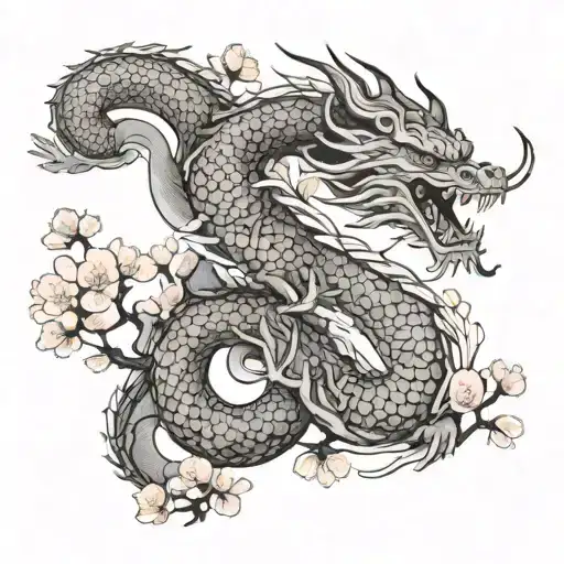 A majestic Japanese dragon coiled protectively around a small cherry blossom tree symbolizing you tattoo design idea