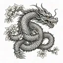 A majestic Japanese dragon coiled protectively around a small cherry blossom tree symbolizing you tattoo design idea
