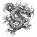 A majestic Japanese dragon coiled protectively around a small cherry blossom tree symbolizing you tattoo design idea
