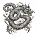 A majestic Japanese dragon coiled protectively around a small cherry blossom tree symbolizing you tattoo design idea