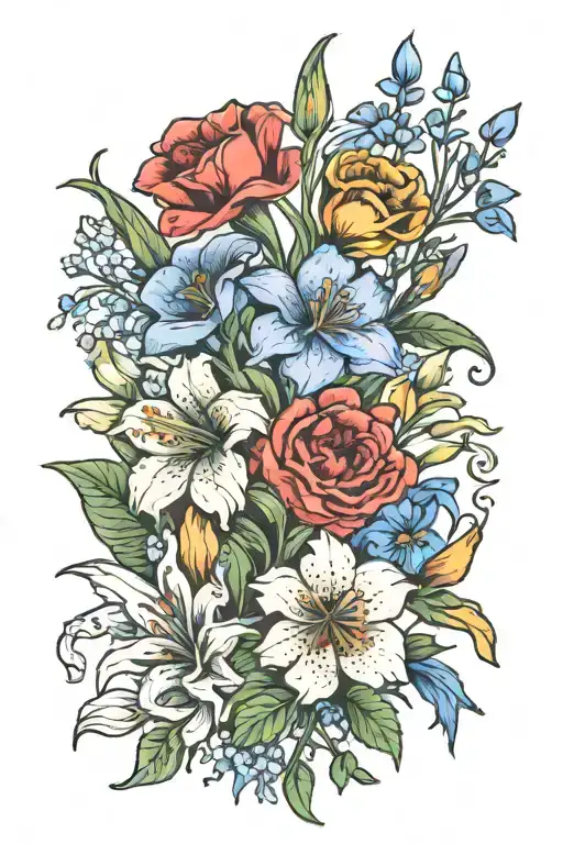 lily, poppy, carnation, gladiolus, larkspur bouquet tattoo design idea