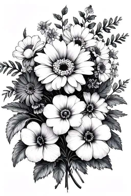 chrysanthemum, violet, daffodil, morning glory bouquet with filler plants black and white fine line tattoo design idea