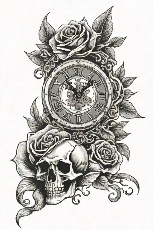 skeleton fingers with half rose half clock surrounded tattoo design idea