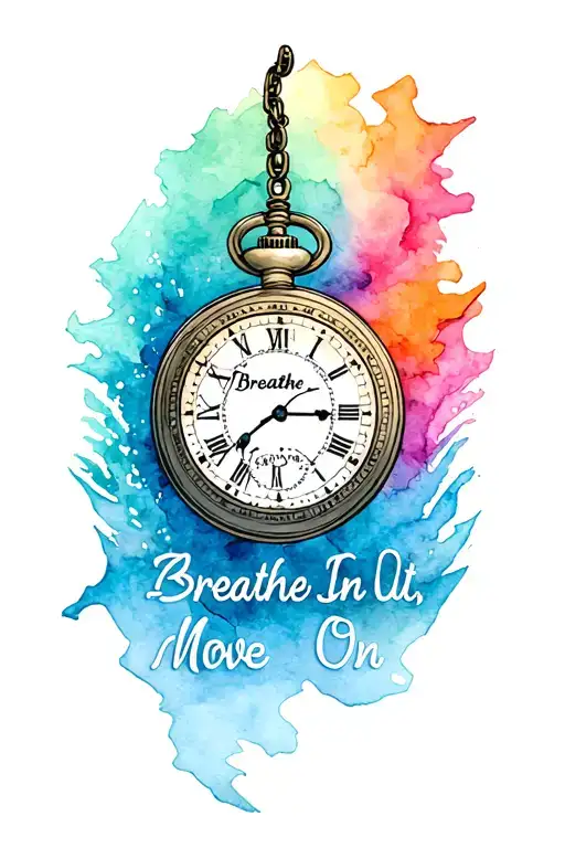 "Breathe In, Breathe Out, Move On" with a wave in blue green pink orange and surrounding a broken pocket watch  tattoo design idea