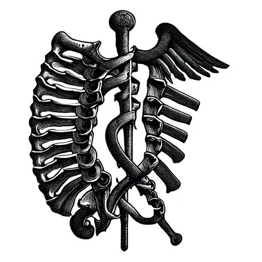 A dotwork tattoo of a veterinarian symbol intertwined with a spinal cord, symbolizing the client's passion for both professions tattoo design idea