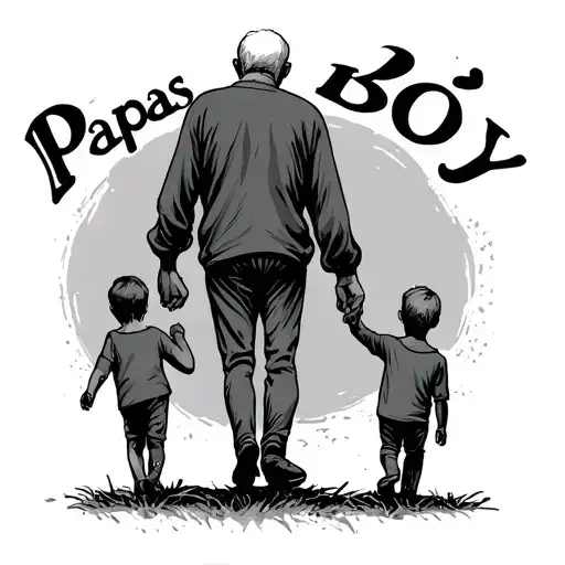 stick figures. backside view of an older man holding hands and walking with a younger boy and says papas boy around it. tattoo design idea